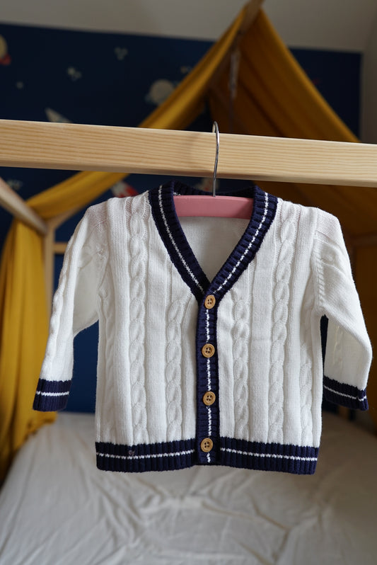 White and navy baby cardigan 0-3 months