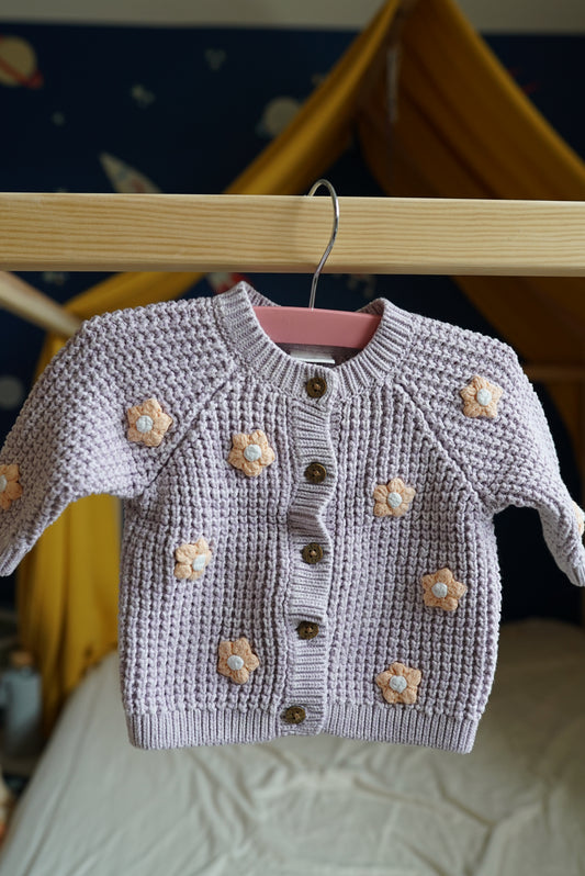 Purple flower baby cardigan 0-3 months